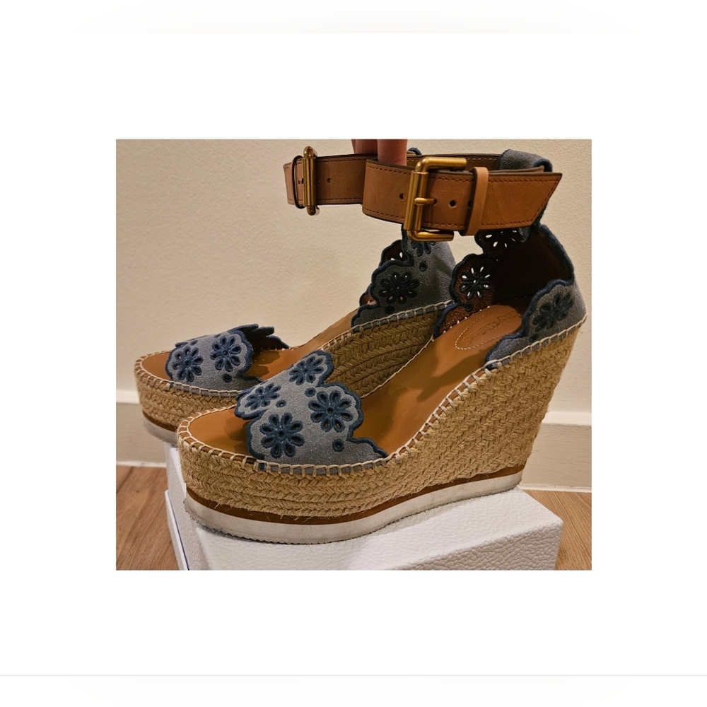 See By Chloe Denim and Tan Espadrille Sandals